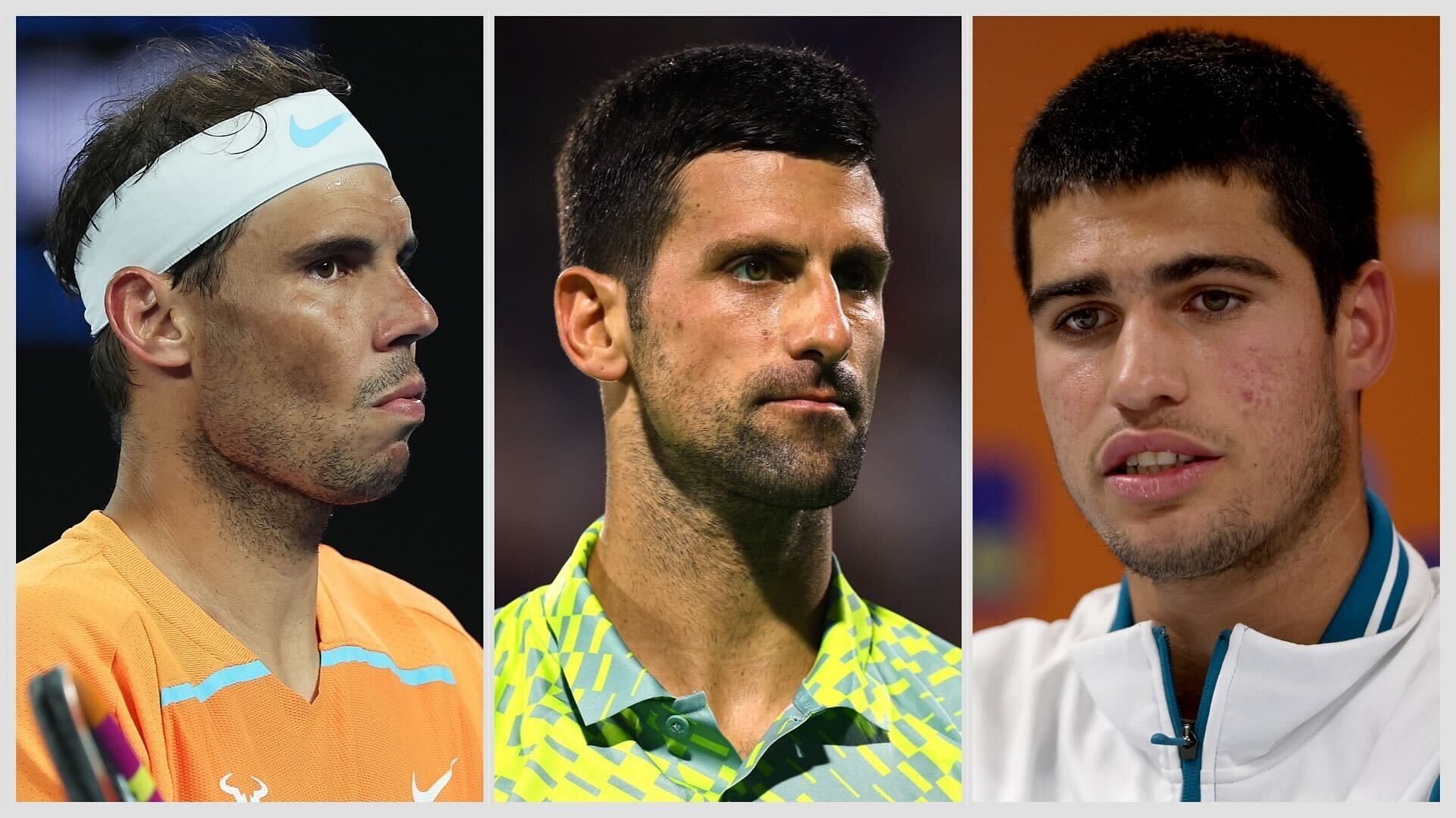 Rafael Nadal (L), Novak Djokovic (middle) and Carlos Alcaraz (R)