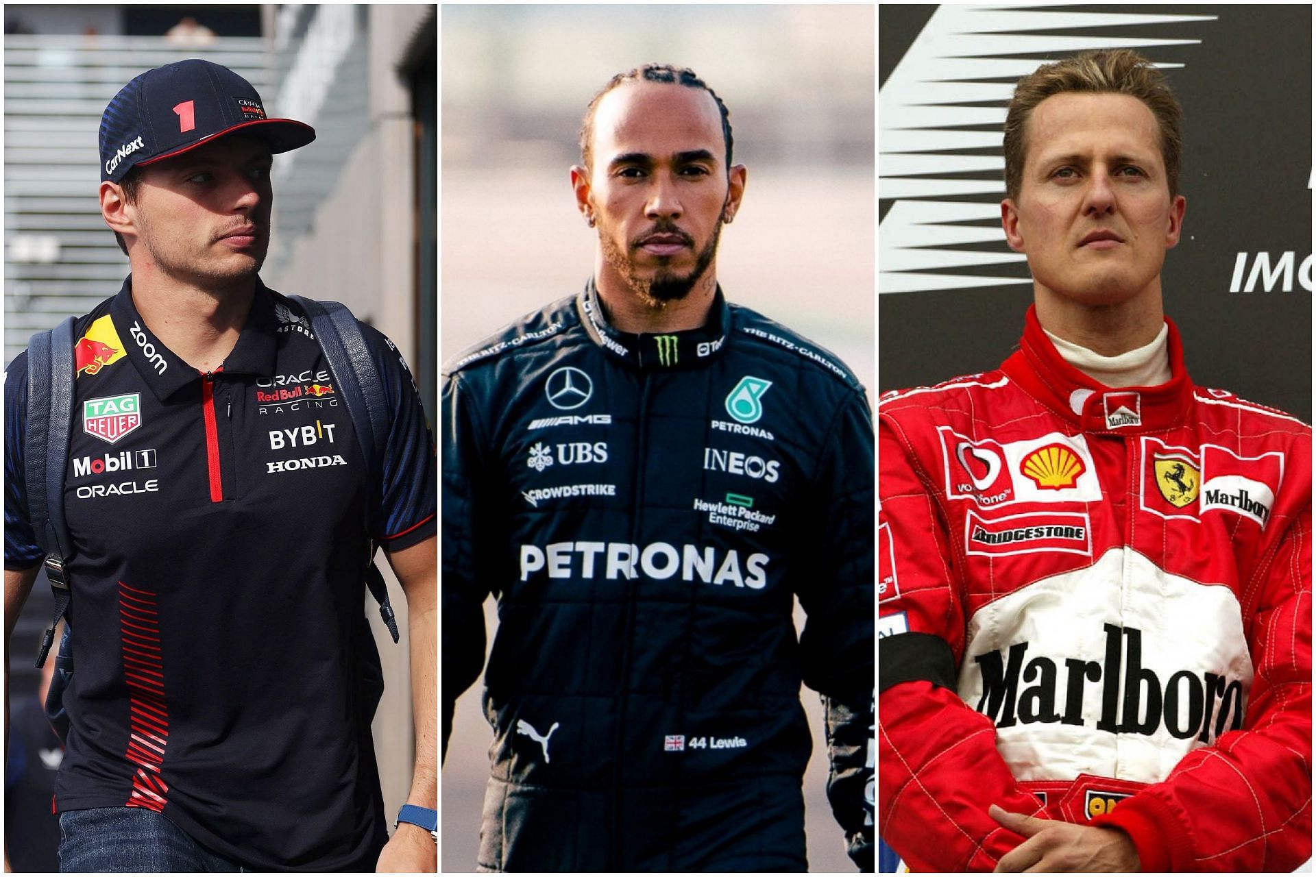 Max Verstappen (L), Lewis Hamilton (C), and Michael Schumacher (R) (Collage via Sportskeeda)
