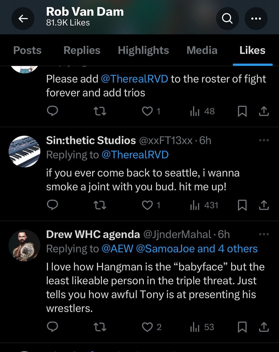 RVD liked a tweet criticizing Tony Khan