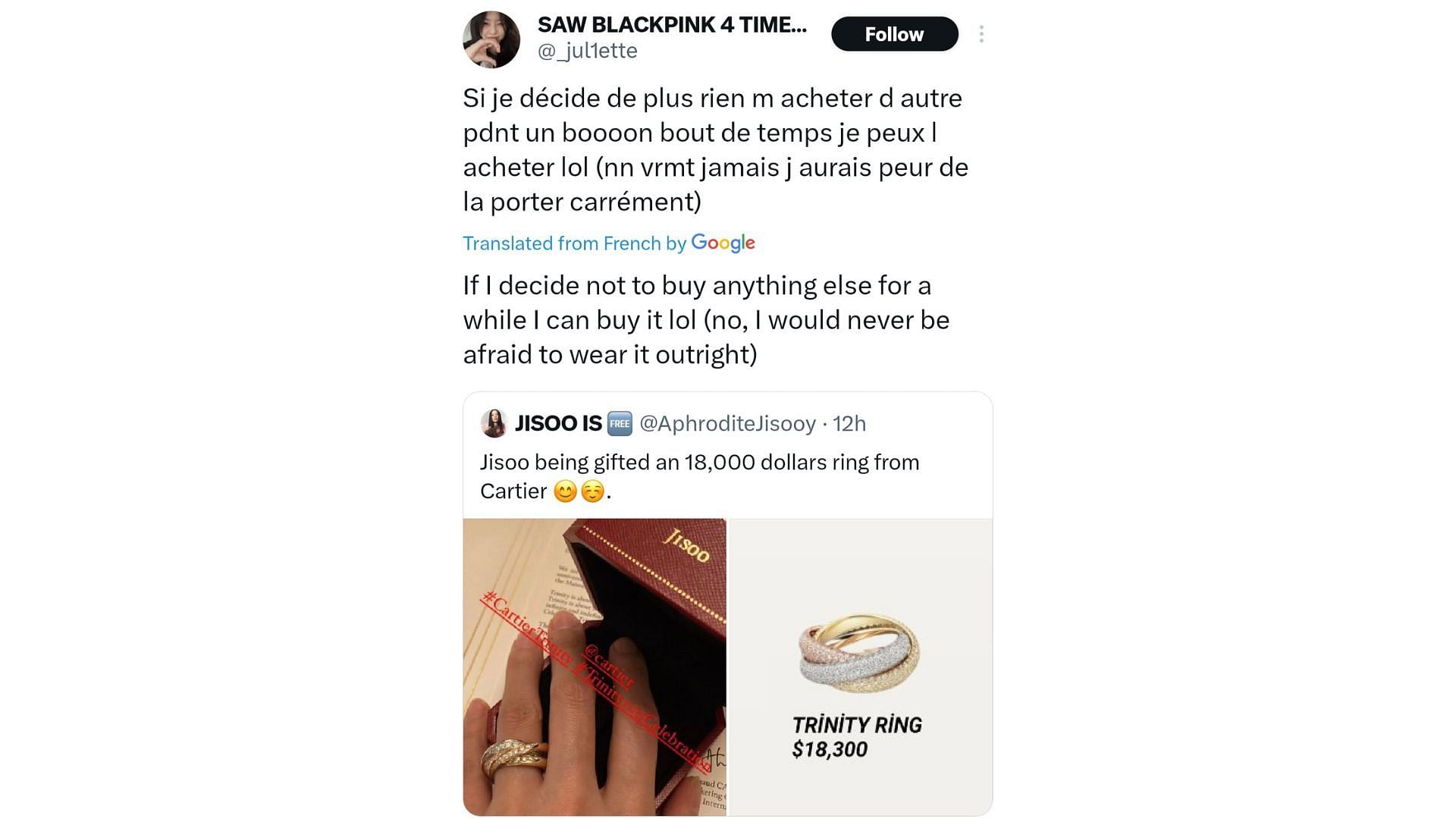 Fans react as BLACKPINK&#039;s Jisoo receives $18K worth of Trinity ring from Cartier (Image Via X/@_jul1ette)