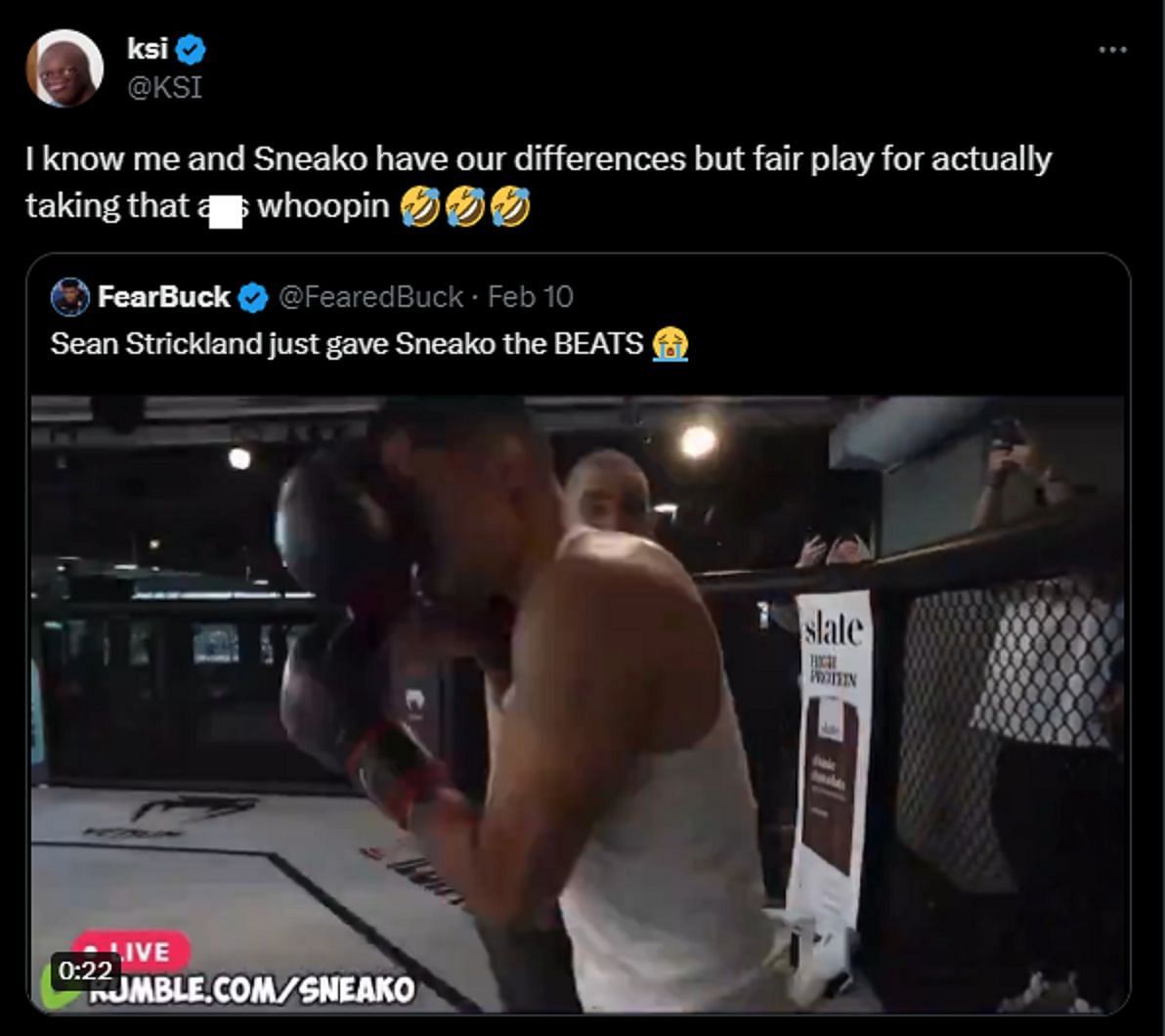 KSI reacts to the streamer&#039;s sparring footage (Image via X)