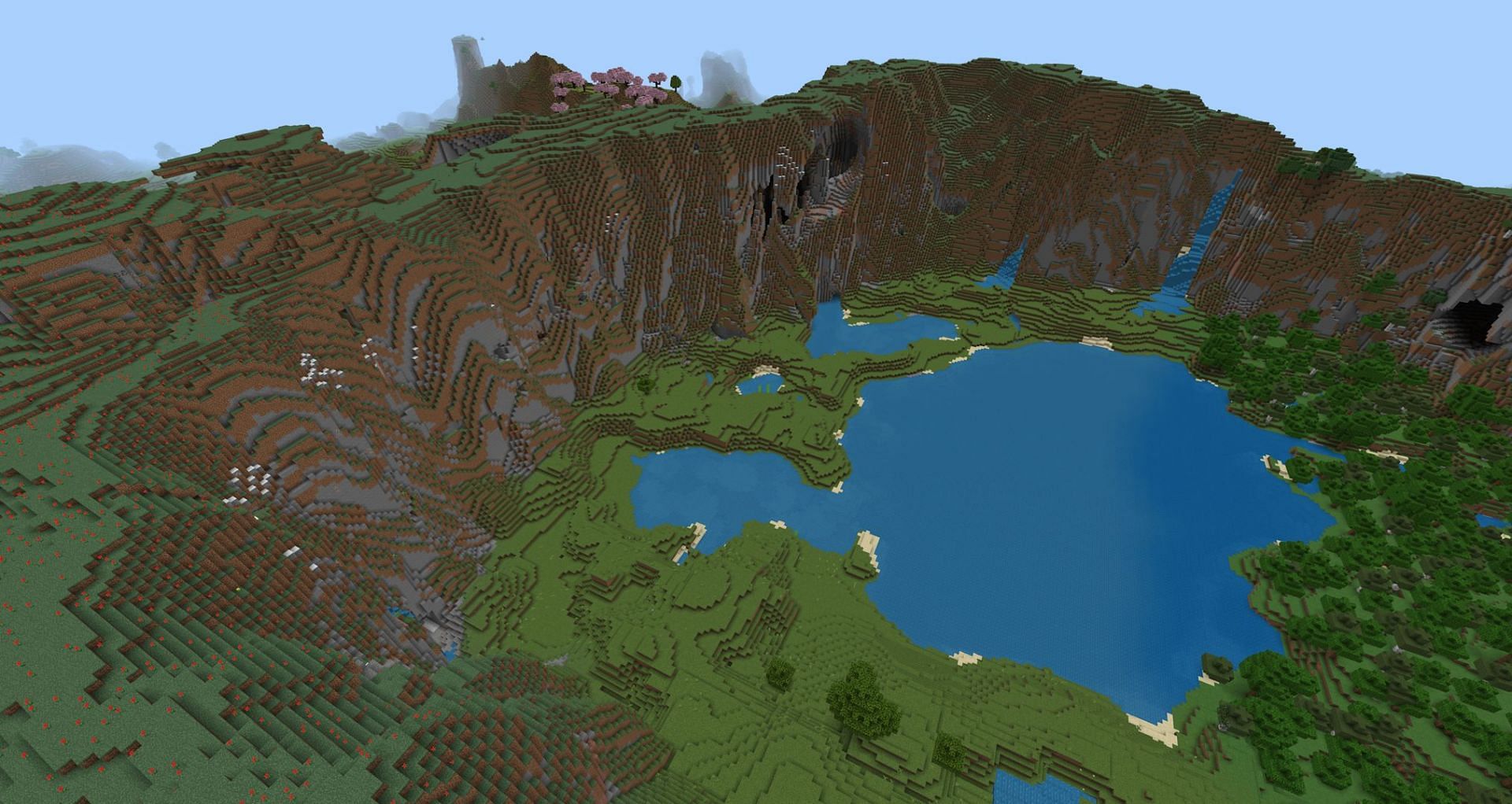 A view down into the seed&#039;s secluded valley (Image via Mojang)