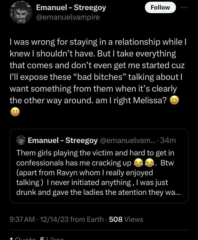 Emanuel Neagu&#039;s tweets addressing the cheating rumors (Image via Reddit/ MTV Challenge)