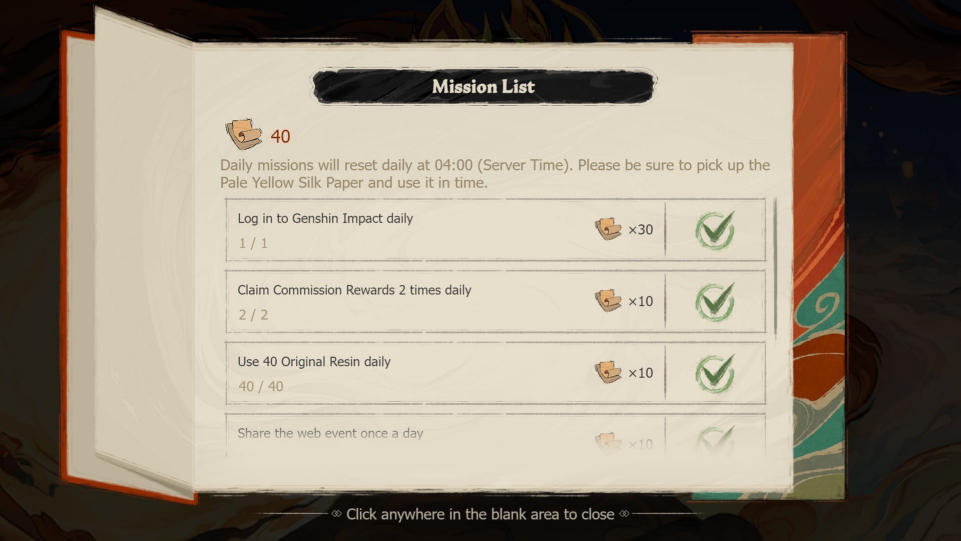 Complete the daily missions to obtain Pale Yellow Silk Paper (Image via HoYoverse)