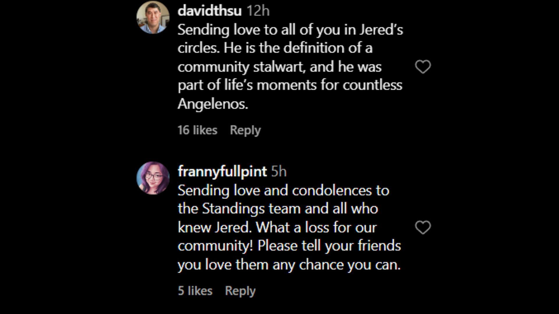 Netizens sharing tributes for Jered. (Image via Instagram/ davidthsu/ frannyfullpint)