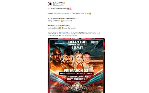 Tweet regarding Bellator 302 [Image courtesy: @BellatorMMA - X]