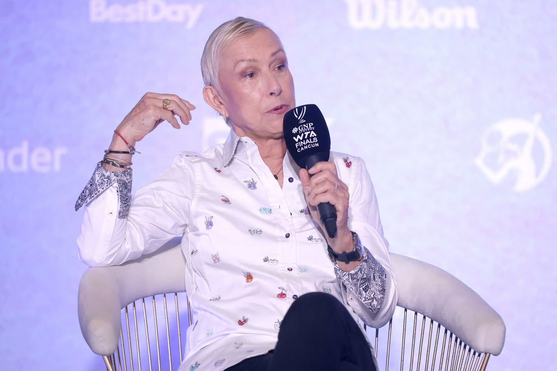 Martina Navratilova speaking to the press at the 2023 WTA Finals