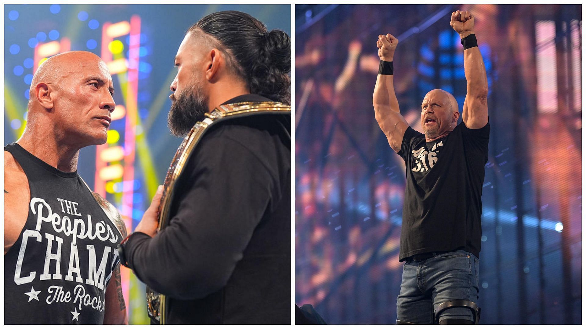 The Rock &amp; Roman Reigns (left) and Stone Cold Steve Austin (right).