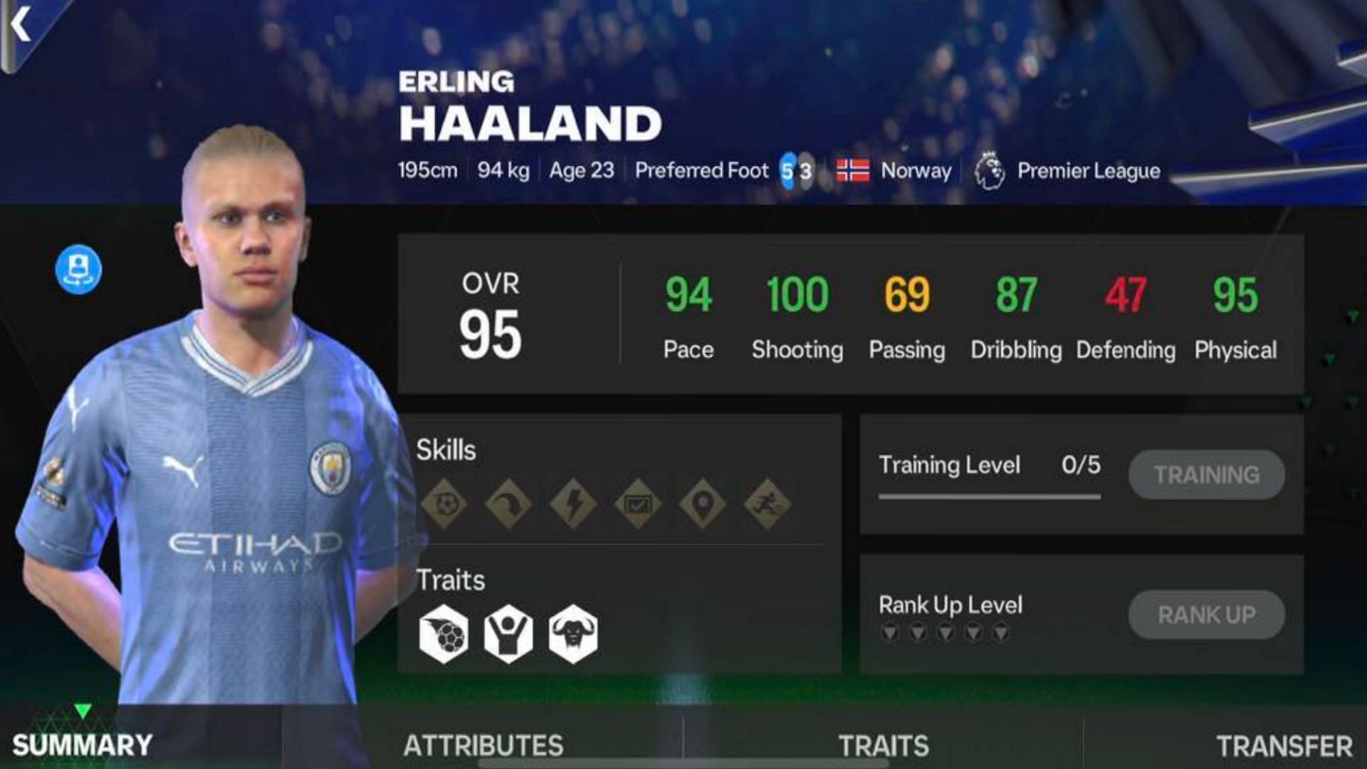 Erling Haaland&#039;s TOTY card stats in FC Mobile (Image via EA Sports)