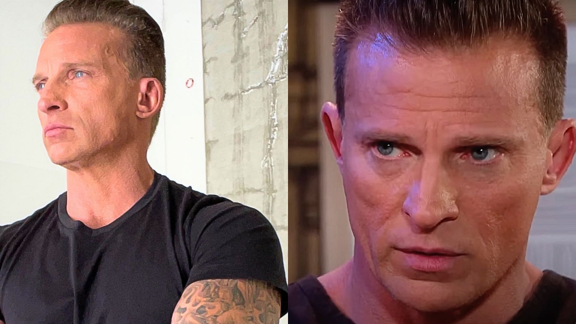 Actor Steve Burton (L) plays Harris Michaels (R) on Days of Our Lives (Images via Instagram/@1steveburton and Peacock promo)