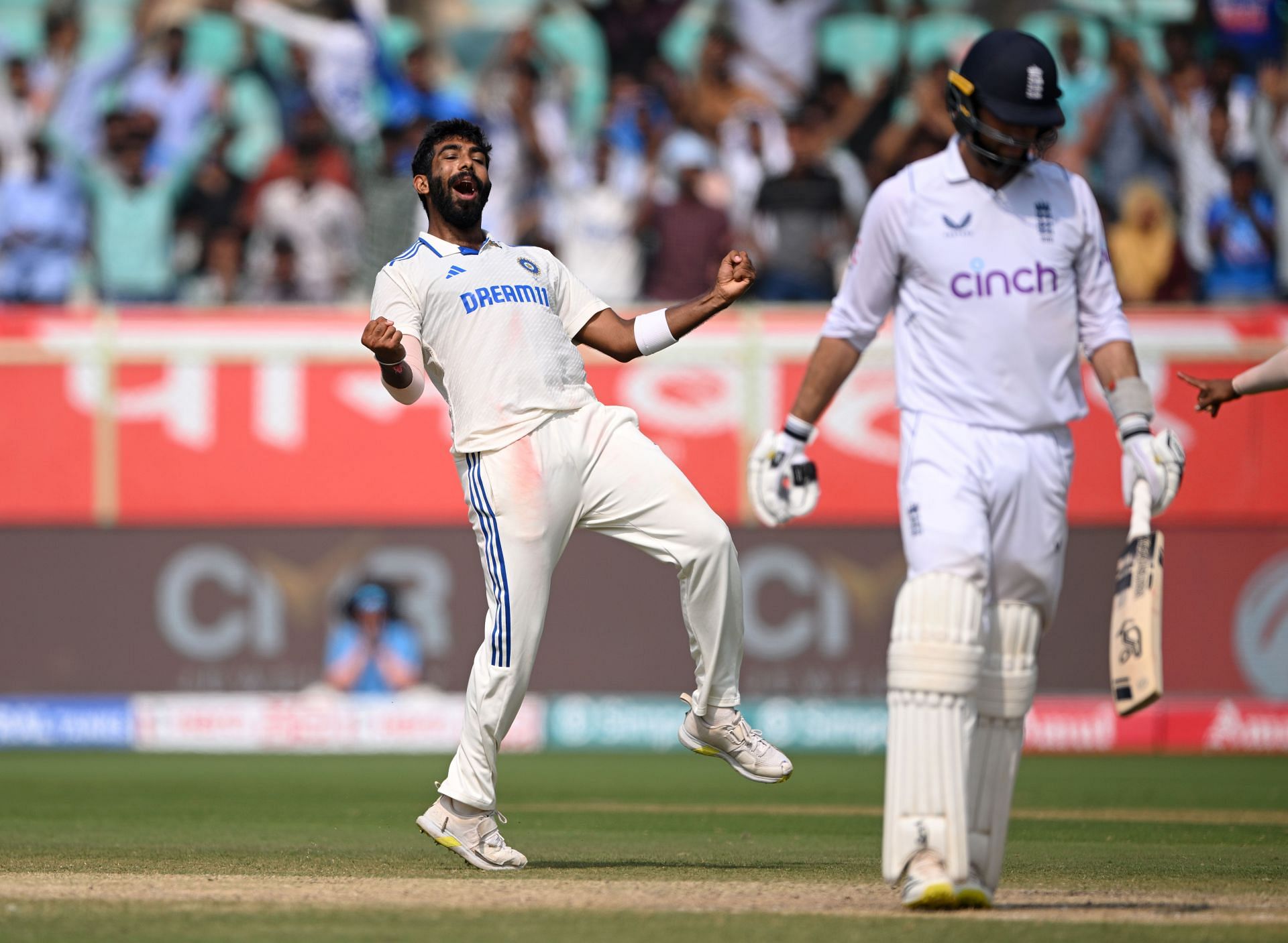 Jasprit Bumrah celebrates after dismissing Ben Foakes: India v England - 2nd Test Match: Day Four