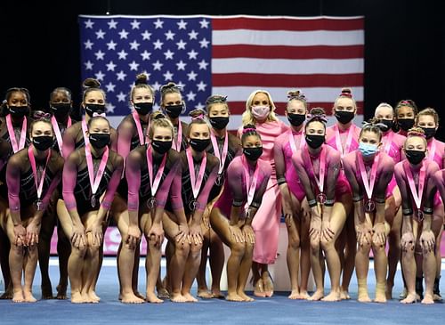 Nastia Liukin poses with competitors after the tournament at Indiana Convention Center on February 26, 2021, in Indianapolis, Indiana. (Photo by Jamie Squire/Getty Images)