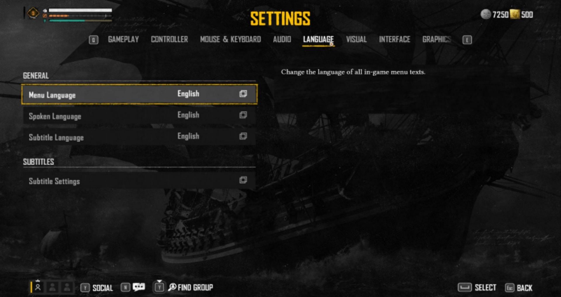 Subtitles menu in Skull and Bones (Image via Ubisoft)
