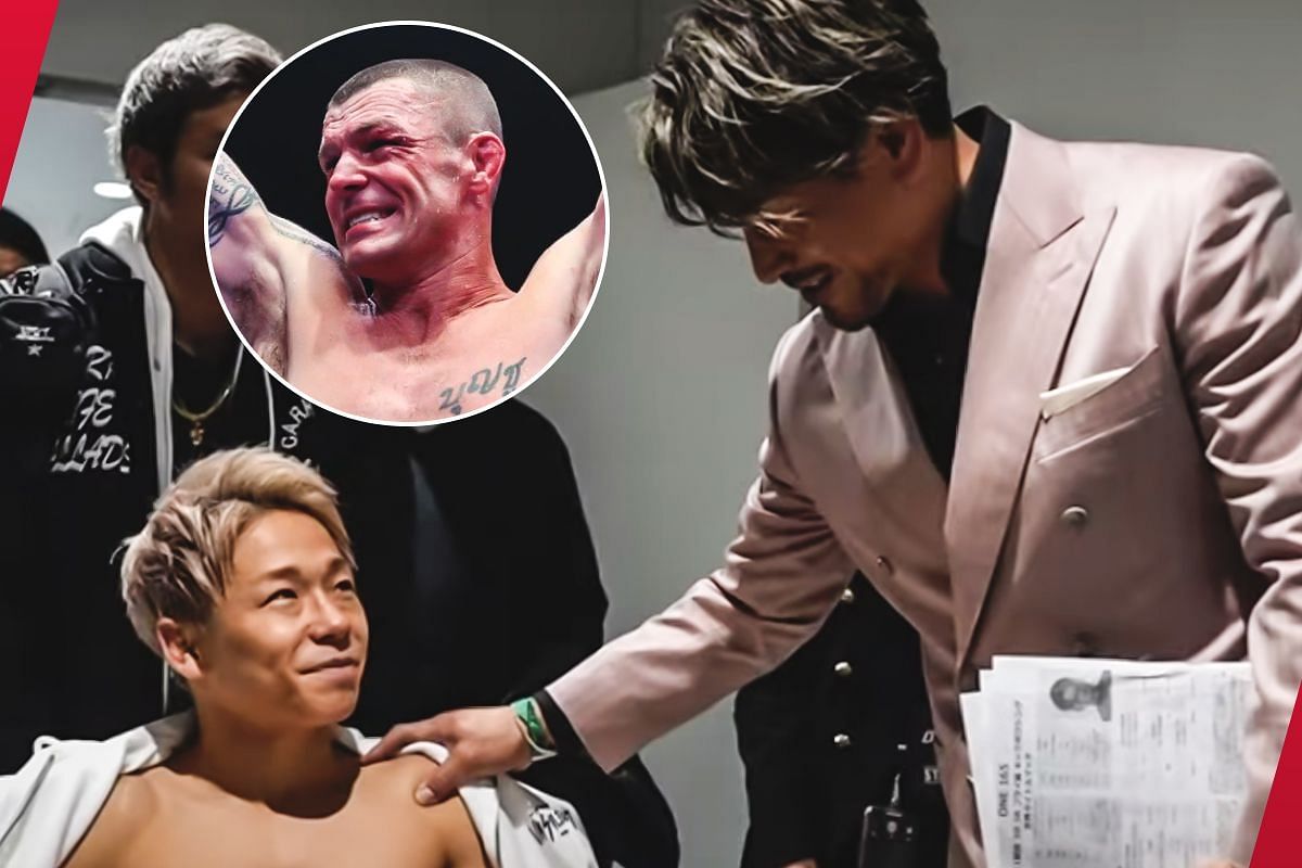 Masato Kobayashi consoling Takeru Seagawa, with a photo of John Wayne Parr