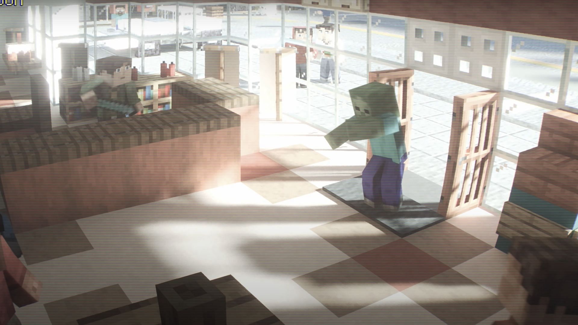 A Minecraft Zombie terrorizing the NPCs in the Mine Craft Auto VI trailer. (Image via YouTube/@BoraniumArt)