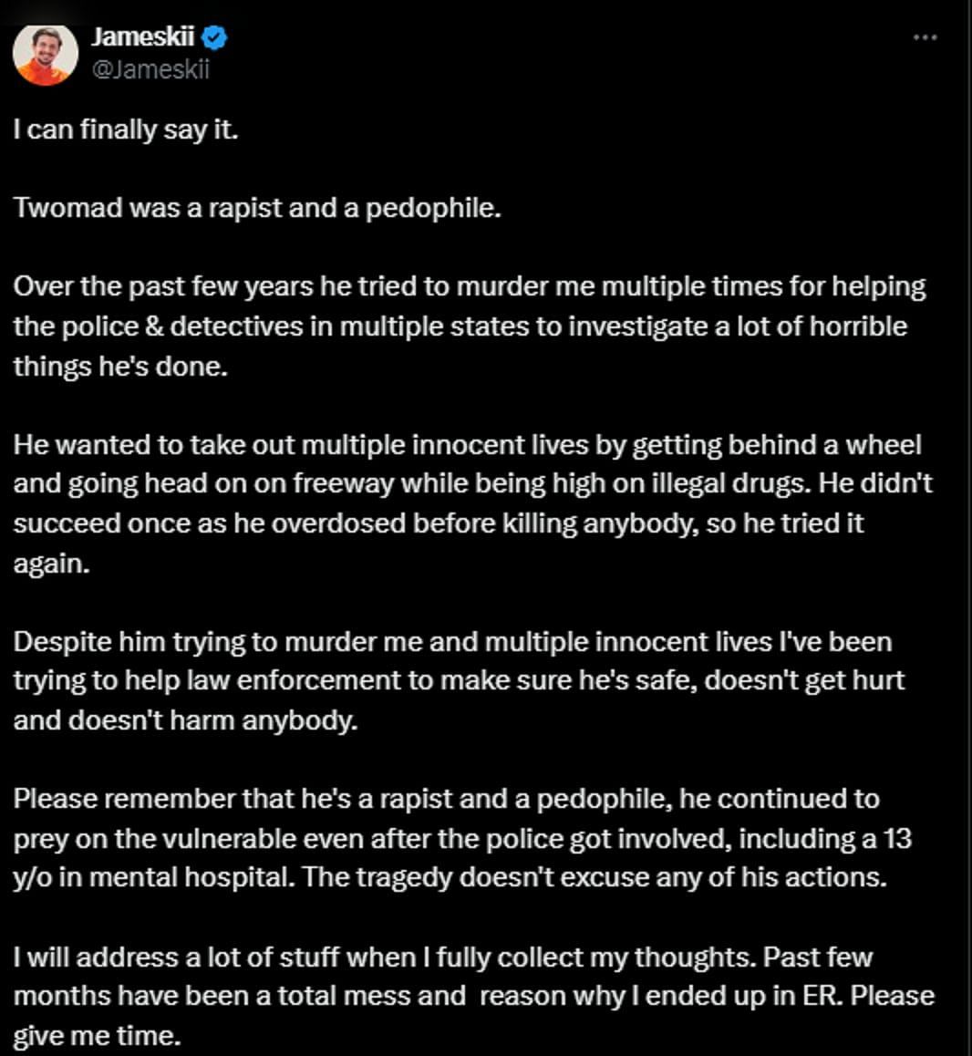 Jameskii&#039;s accusatory post against the late YouTuber (Image via X)
