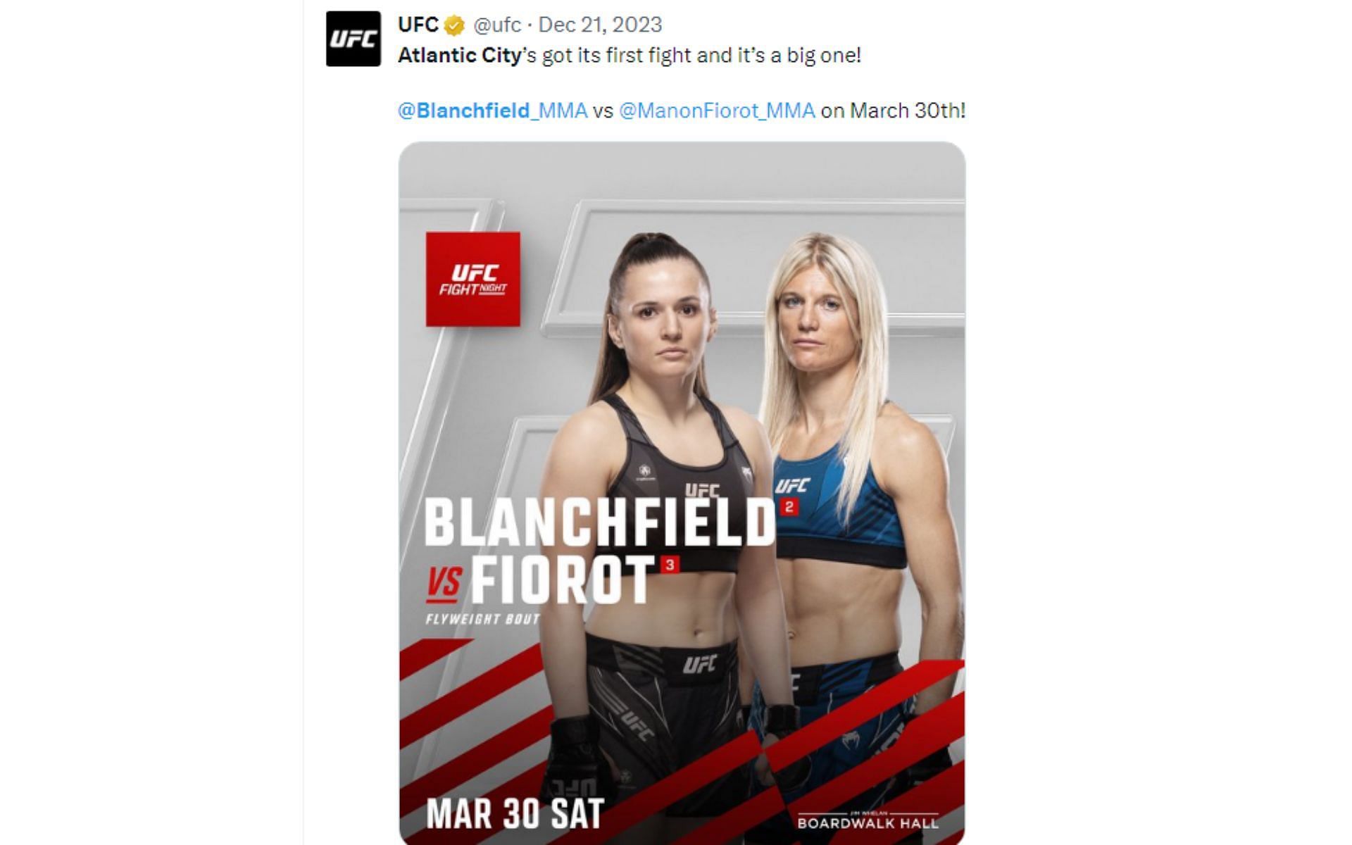 Tweet regarding Blanchfield vs. Fiorot at UFC Atlantic City [Image courtesy: @ufc - X]