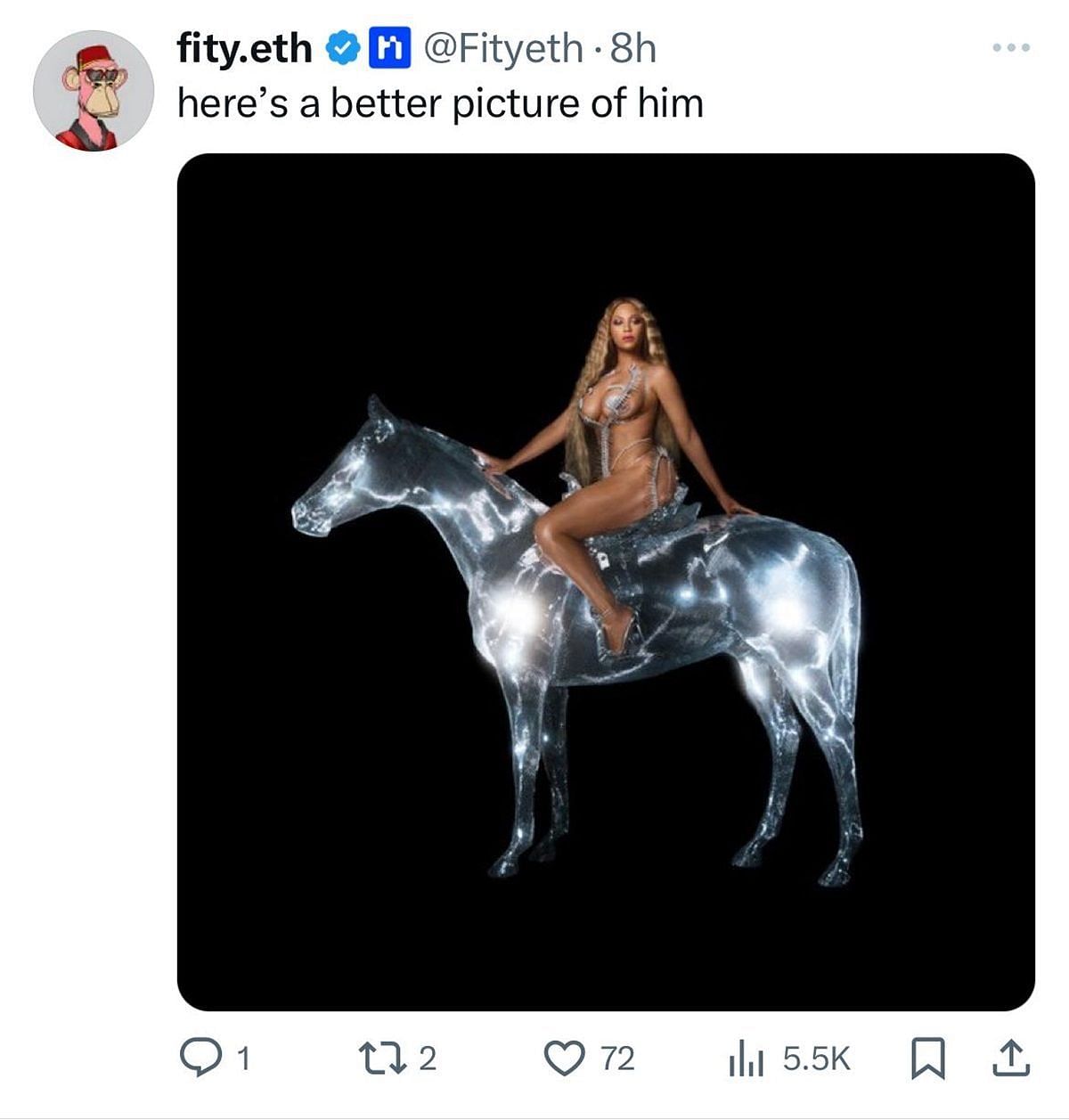 A user pins a photo of Beyonc&eacute; atop a holographic horse (Image via X/@Fityeth)