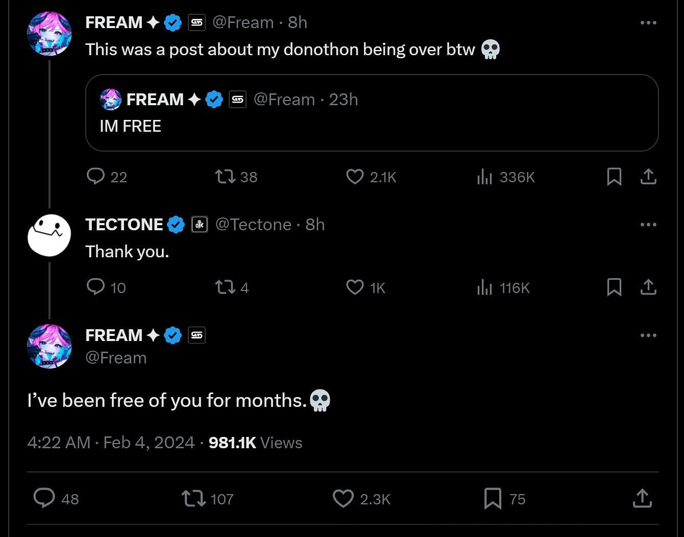 Fream and Tectone&#039;s recent interaction on the social media platform (Image via X)
