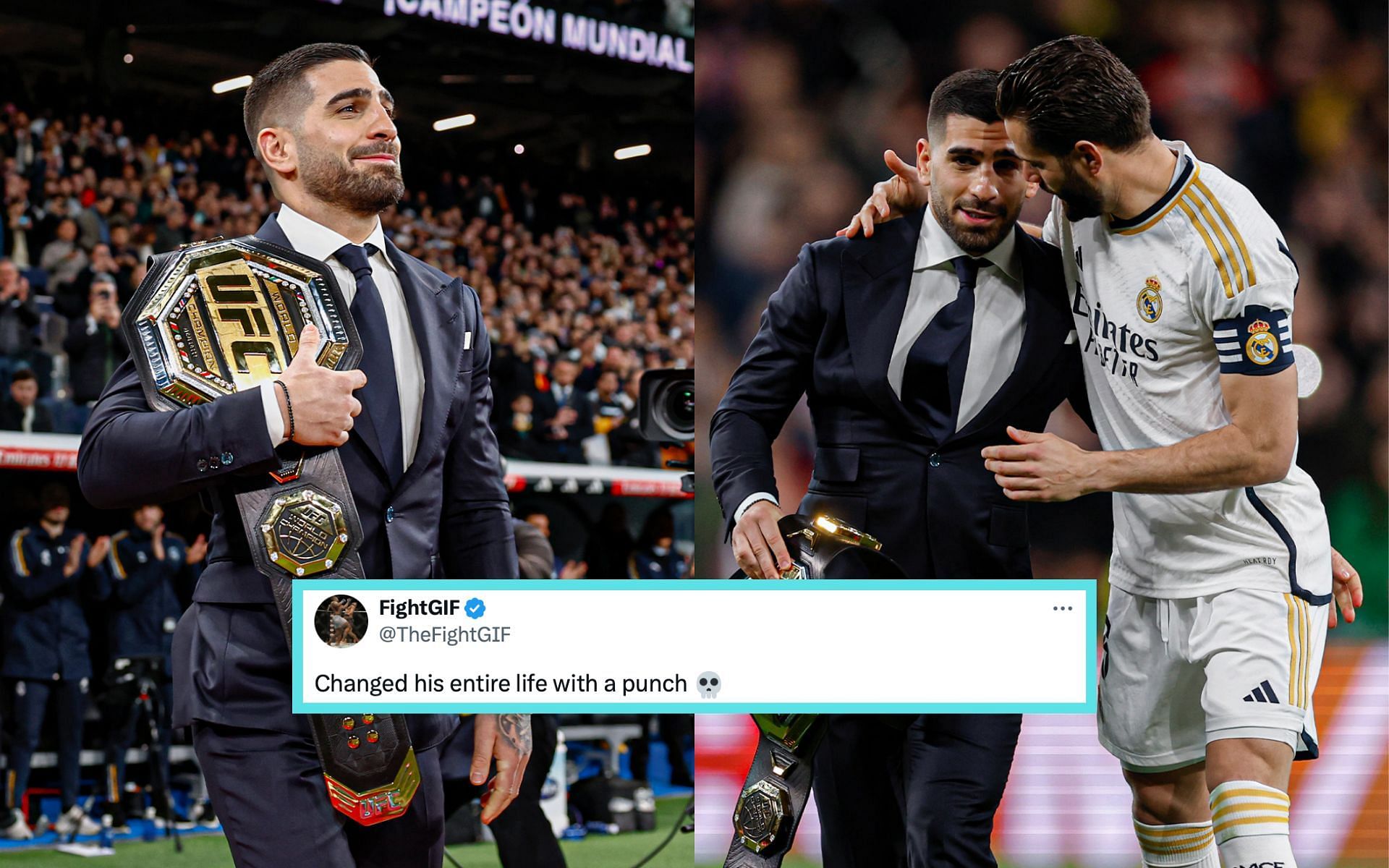 Ilia Topuria welcomed onto the field at the Santiago Bernabeu Stadium on Feb. 24 with Real Madrid CF [Photo Courtesy @realmadrid on X]