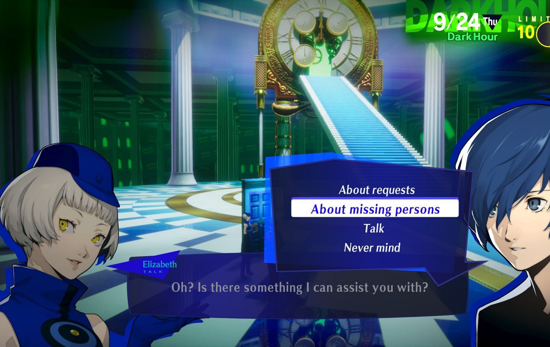 The screenshot showing Elizabeth and Makoto talking about missing persons in Persona 3 Reload