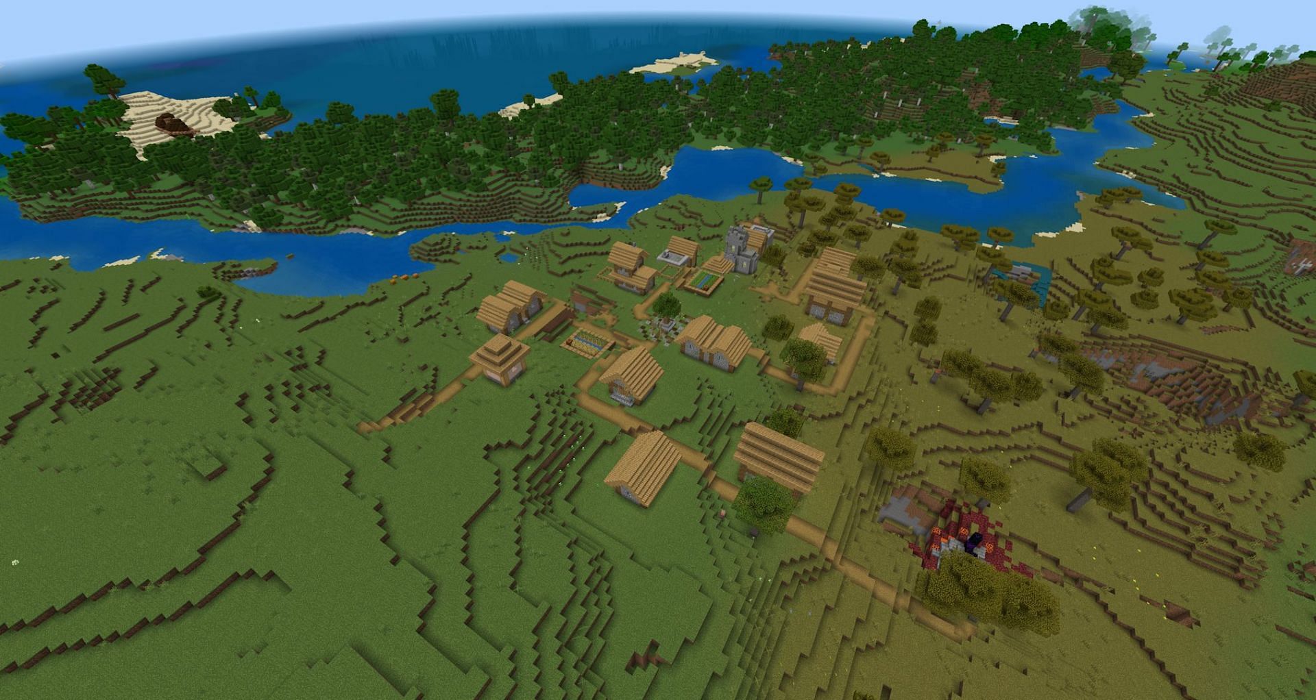 A village, ruined portal, and exposed shipwreck; all a short sprint from spawn (Image via Mojang)