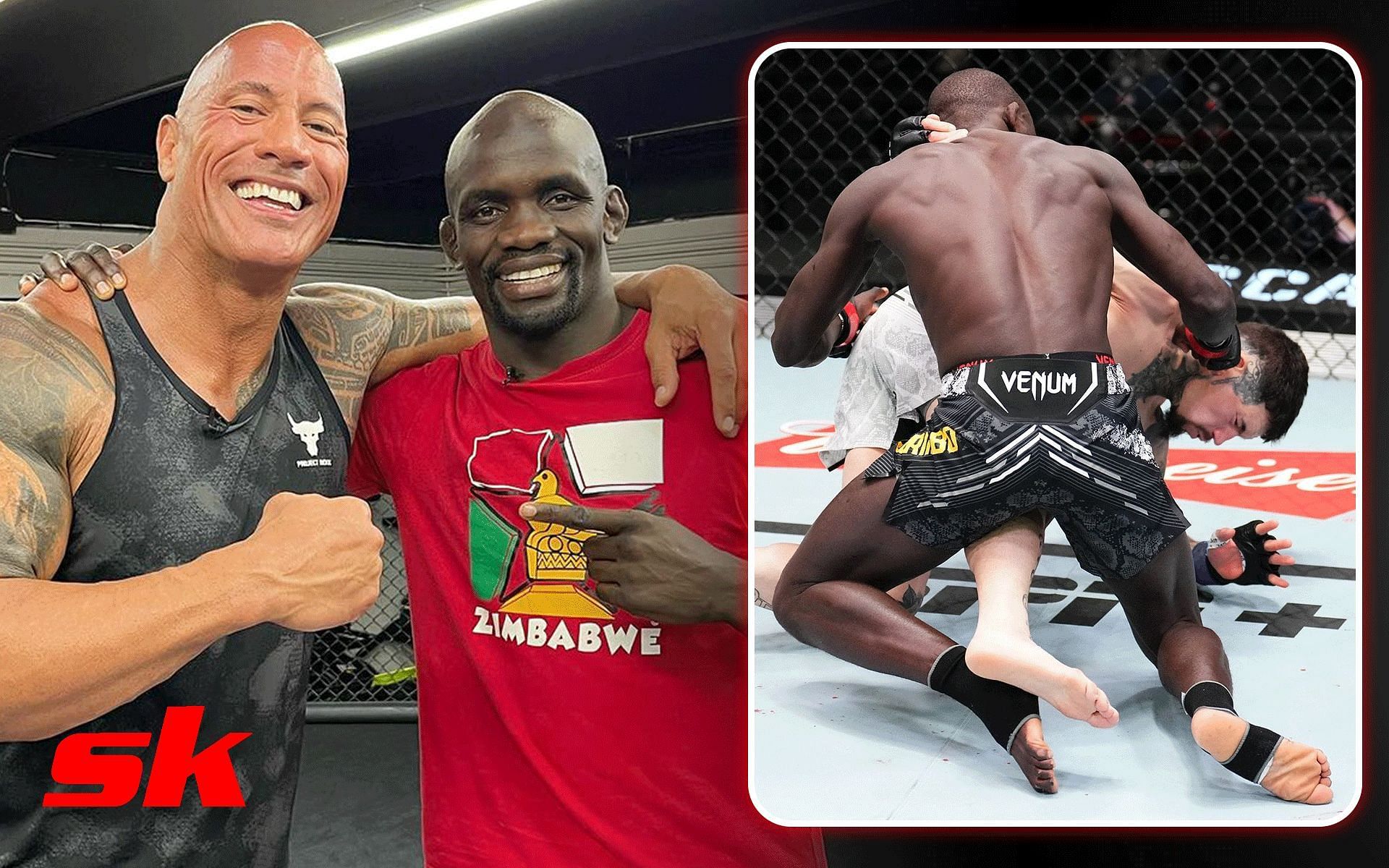 Dwayne Johnson (far left) has time and again lauded Themba Gorimbo (second from left); Gorimbo beat Pete Rodriguez at UFC Vegas 85 (right) [Images courtesy: @thembagorimbo_mma and @ufccanada on Instagram]