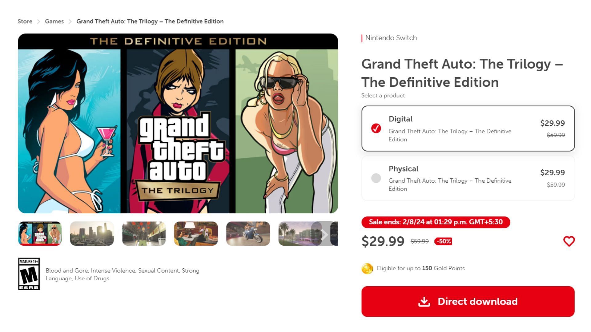 Grand Theft Auto Trilogy Definitive Edition on the Nintendo Switch store (Image via Nintendo Switch)