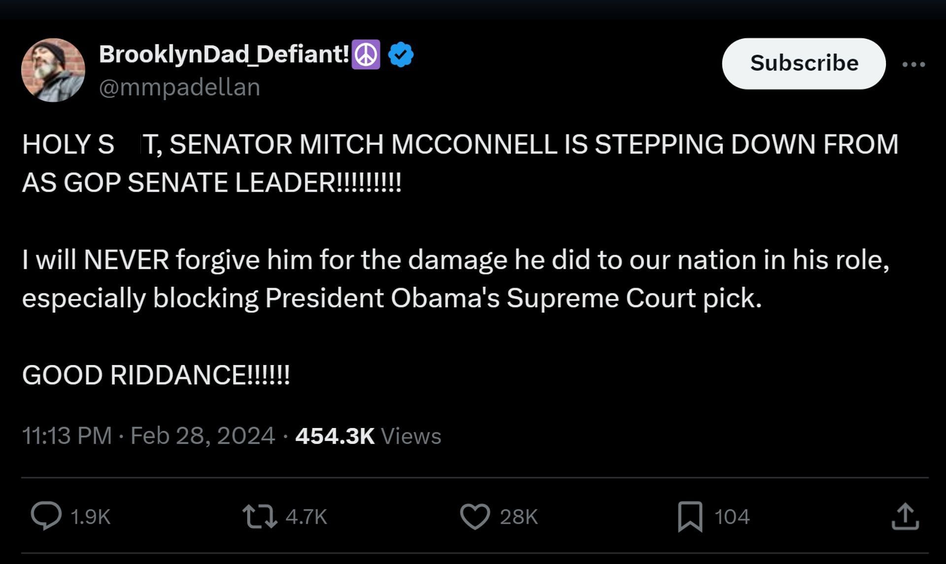Many were overjoyed by McConnell&#039;s announcement (Image via X/@mmpadellan)