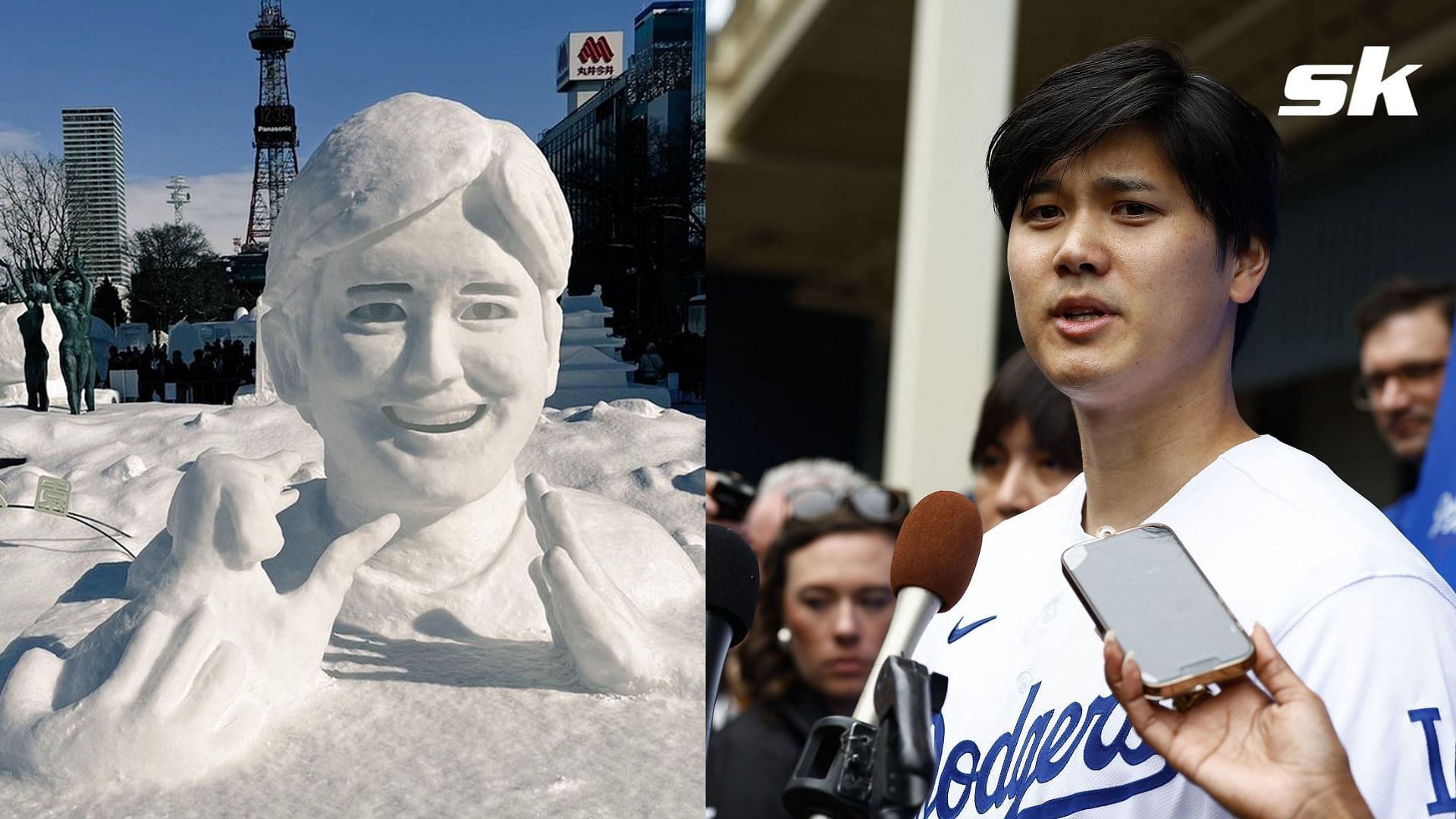 A photo of a snow sculpture of Shohei Ohtani and his dog Decoy has been circulating on social media