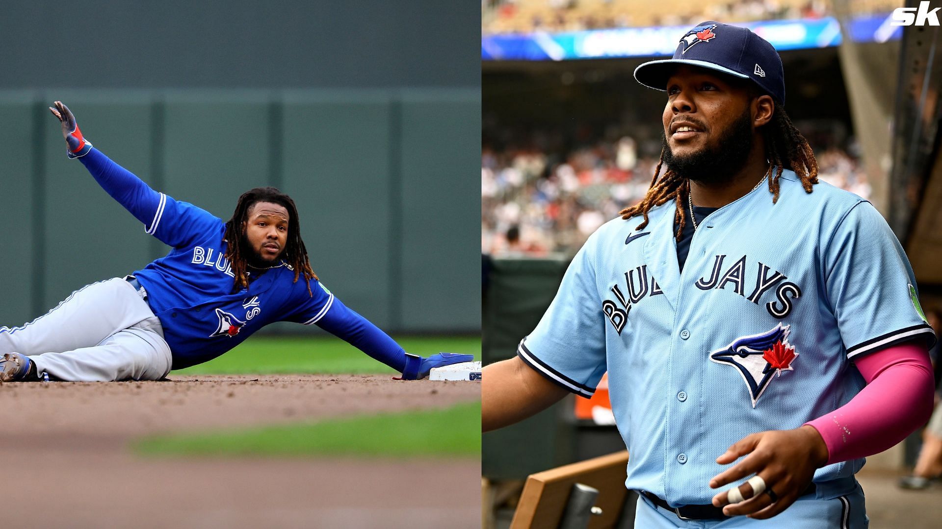 Vladimir Guerrero Jr. of the Toronto Blue Jays looks on prior to Game One of the Wild Card Series against the Minnesota Twins at Target Field