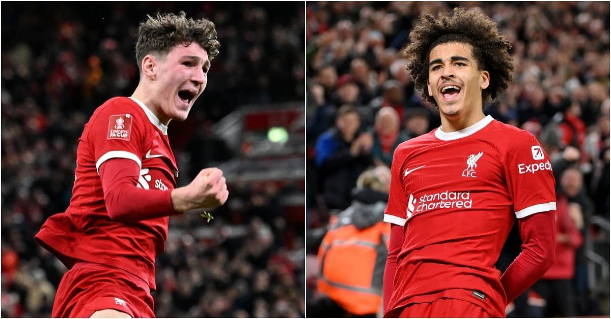 Lewis Koumas and Jayden Danns both celebrate their first goals for Liverpool. (X/@premierleague, Getty Images)