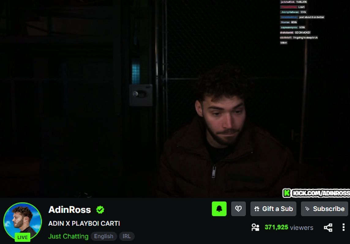 Adin&#039;s stream already clocks over 370K live viewers (Image via Kick)