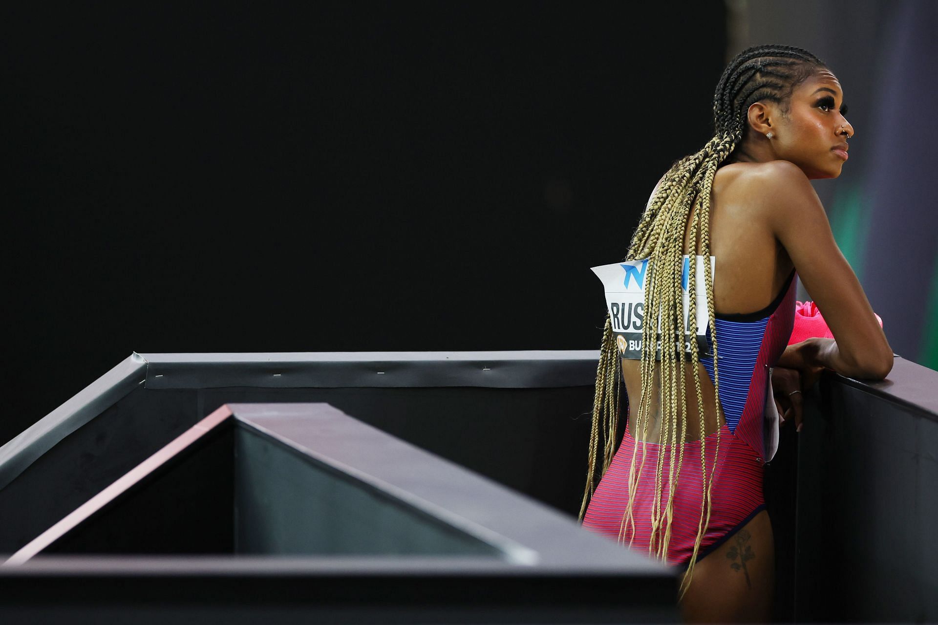 Masai Russell of Team United States looks on after the Women's 100m Hurdles Semi-Final during the 2023 World Athletics Championships in Budapest, Hungary.