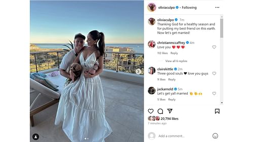 Christian McCaffrey and Claire Kittle comment on Olivia Culpo's Instagram post