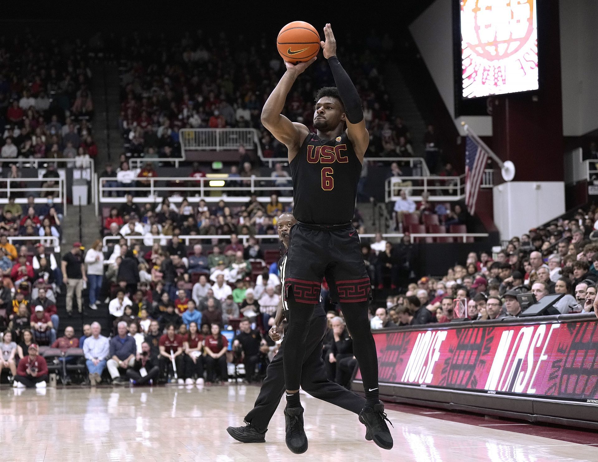 Bronny shoots a 3-pointer against the Stanford Cardinal