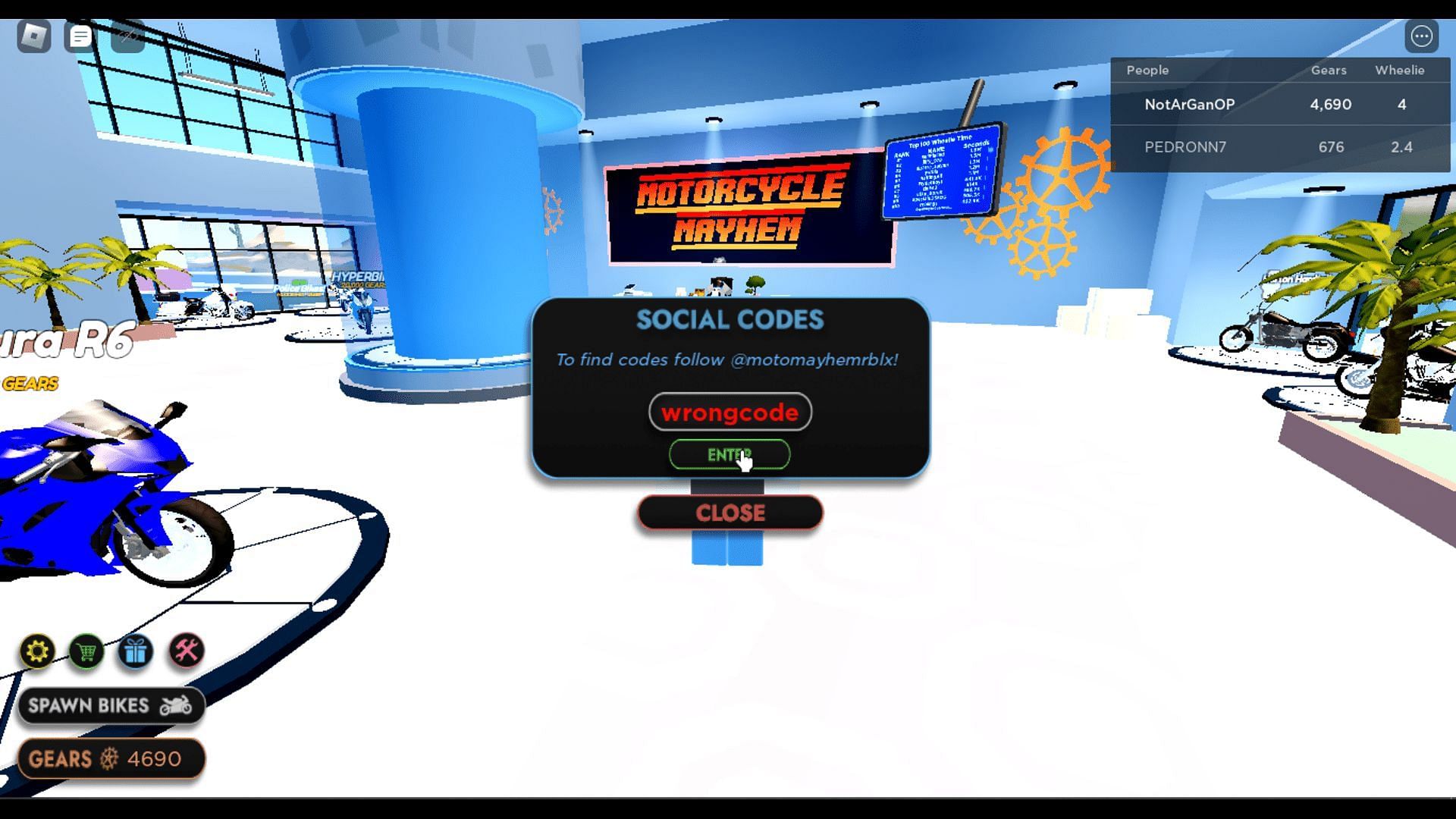 Here&#039;s how you can troubleshoot codes in Motorcycle Mayhem (Image via Roblox)