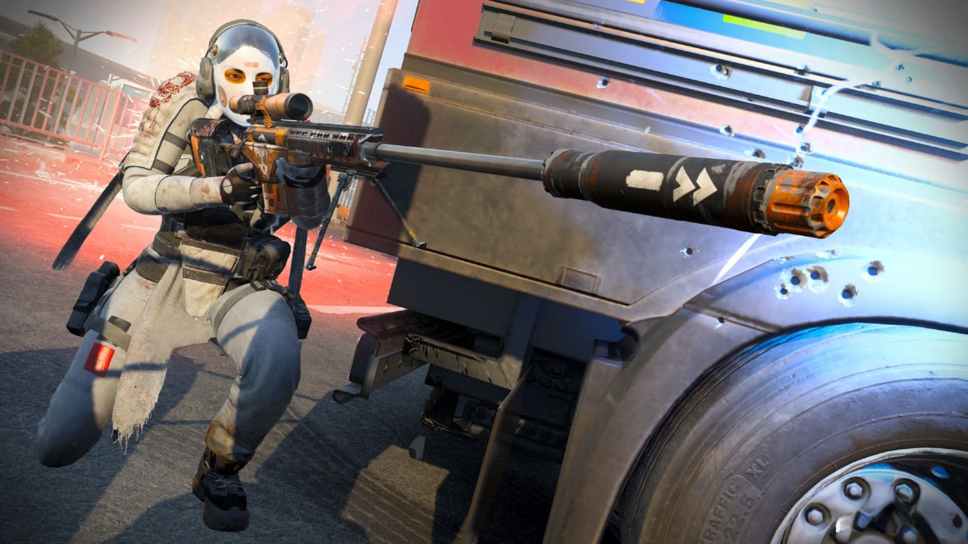 An Operator using a Sniper Rifle while hiding behind a car in Warzone