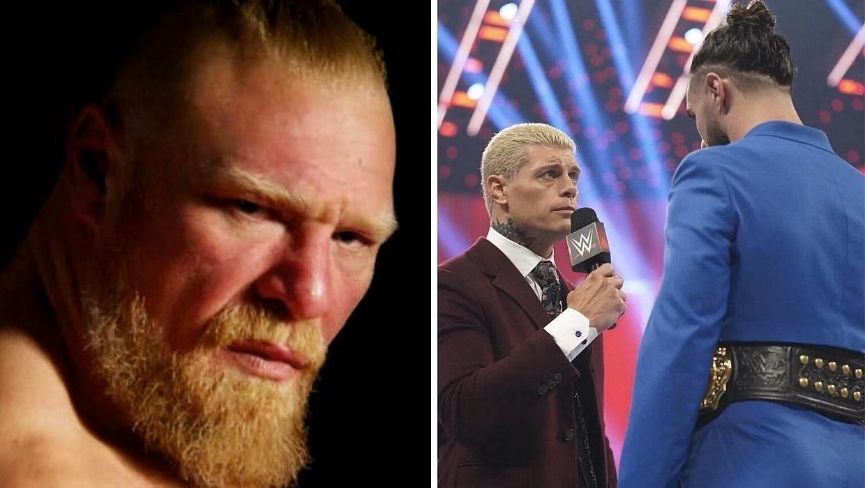 Brock Lesnar (left), Cody Rhodes and Seth Rollins (right)