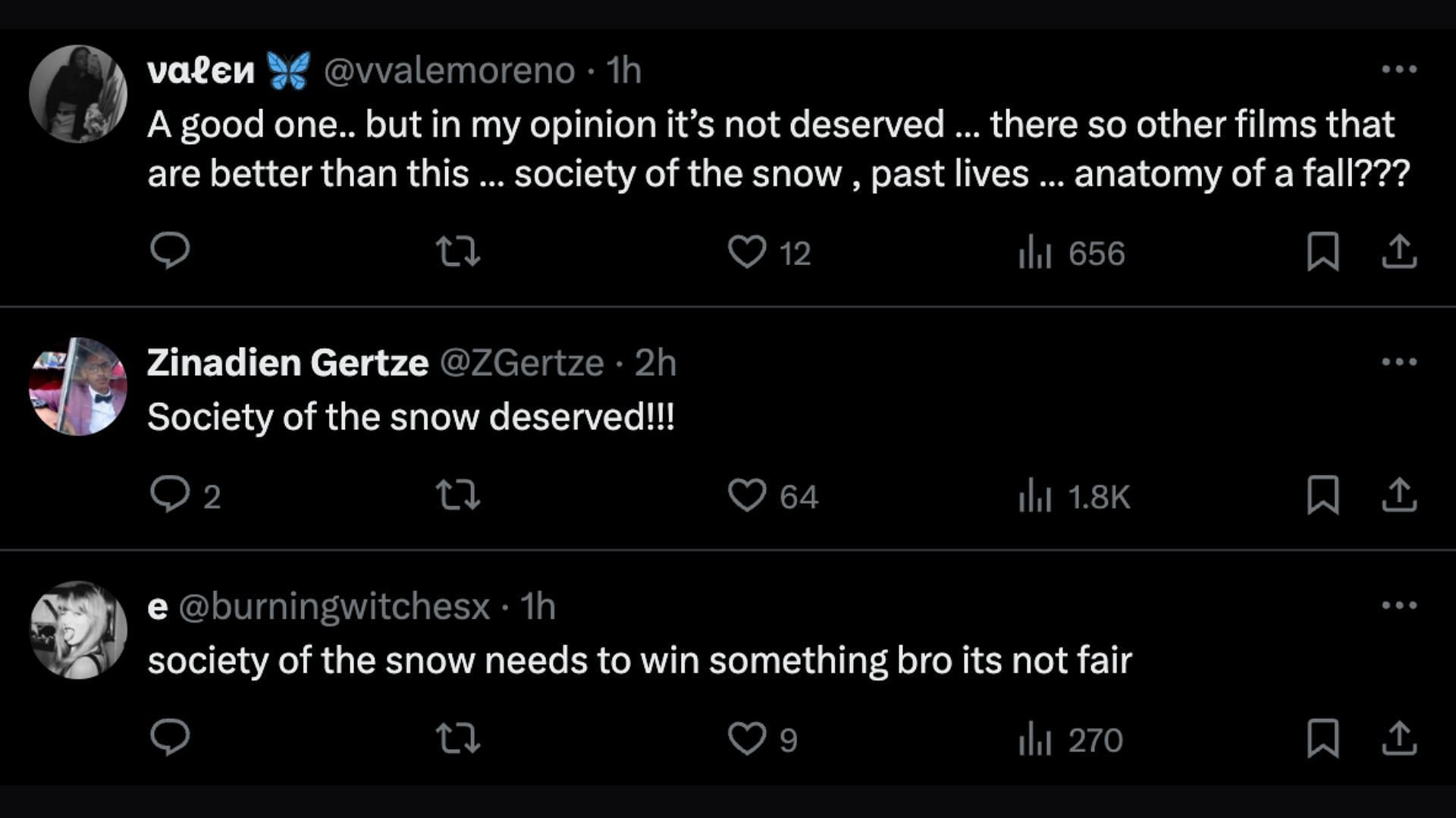 These users express their disappointment over Society of the Snow&#039;s loss (Image via X)