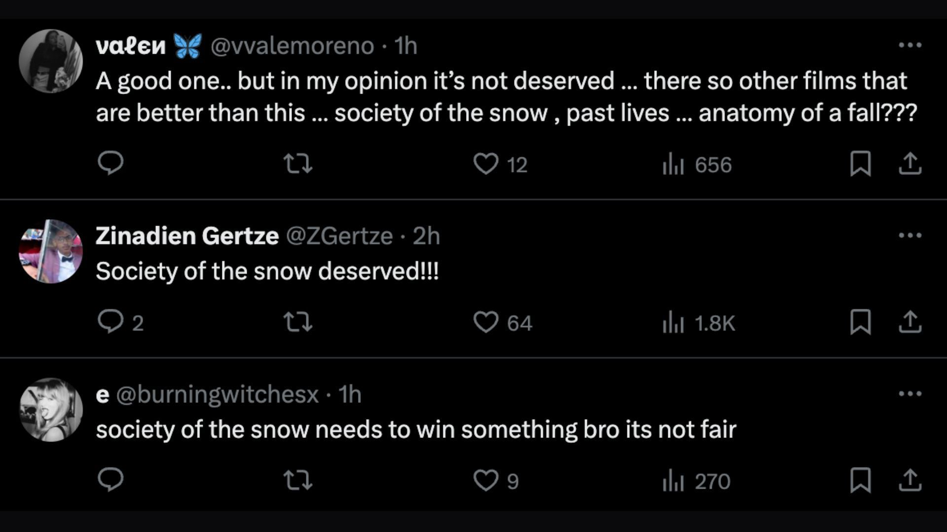 These users express their disappointment over Society of the Snow&#039;s loss (Image via X)