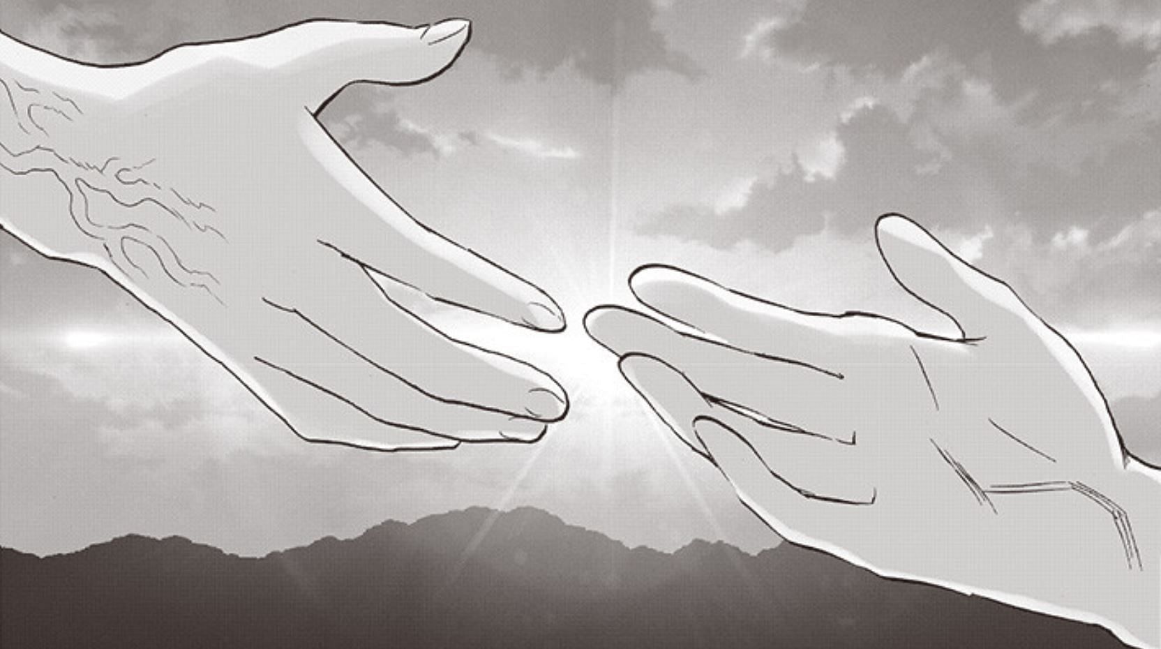 God and Flash&#039;s hands as seen in One Punch Man manga (Image via Shueisha)