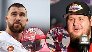 WATCH: Travis Kelce dances on golf cart, sits on Creed Humphrey's shoulder ahead of anticipated speech at parade in Kansas City