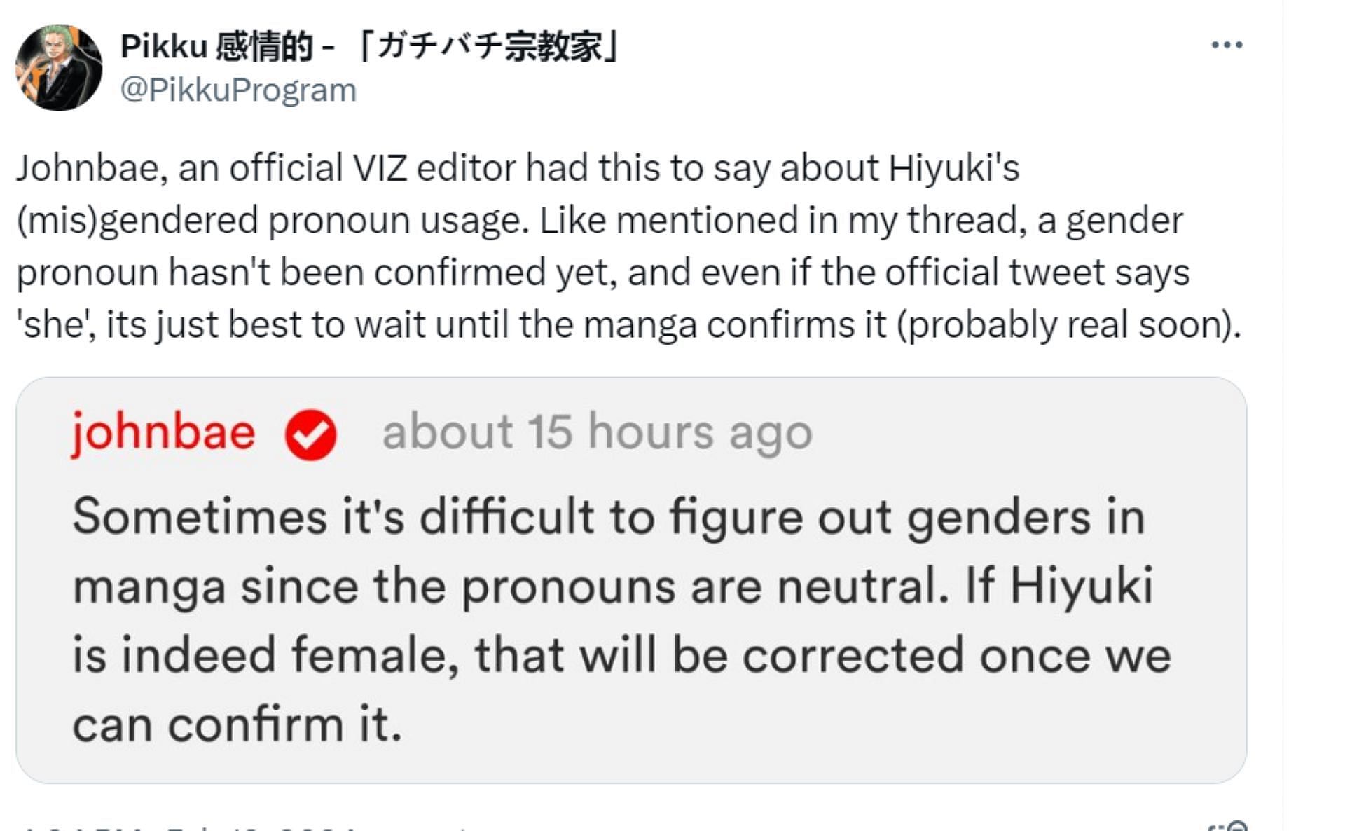 Viz editor&#039;s comments regarding Hiyuki&#039;s gender (Image via X)