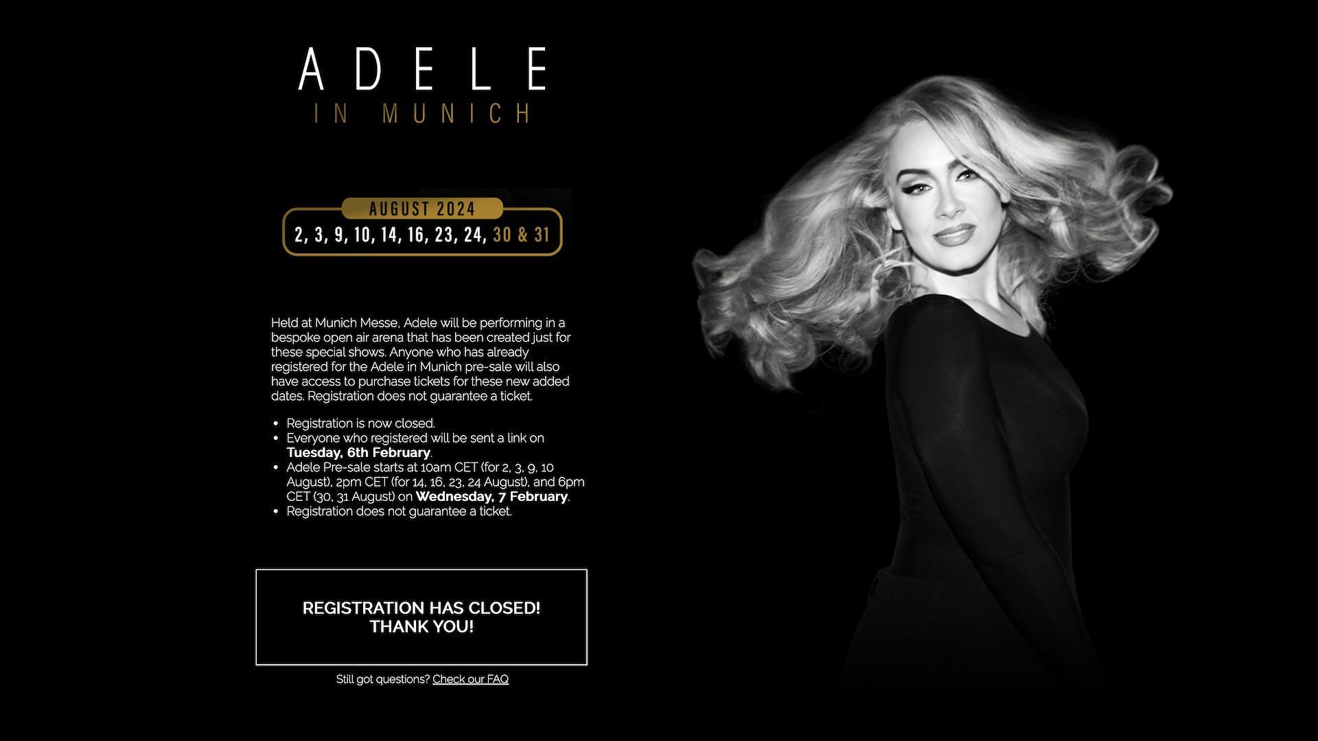 Screenshot providing details about the Munich tour pre-sale (Image via Adele&#039;s official website)