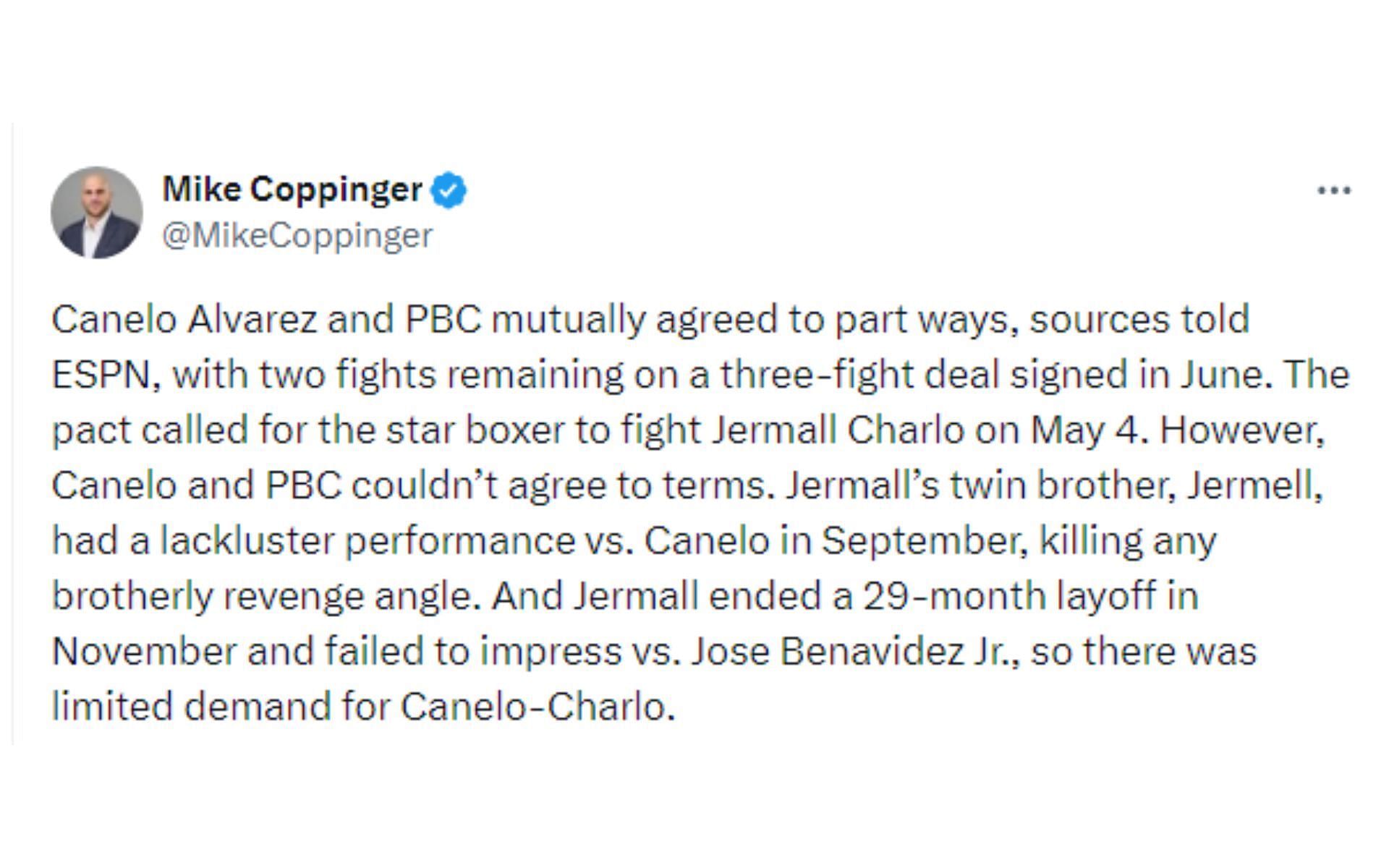 Coppinger&#039;s tweet regarding Alvarez parting ways with PBC [Image courtesy: @MikeCoppinger - X]