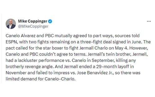 Coppinger's tweet regarding Alvarez parting ways with PBC [Image courtesy: @MikeCoppinger - X]