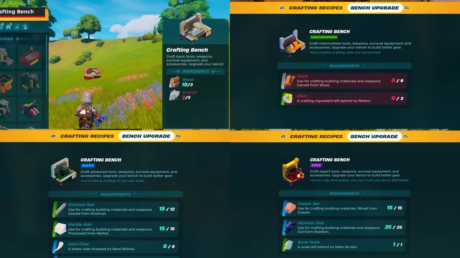 All four levels of Crafting Bench (Image via YouTube/GuidingLight and Perfect Score)
