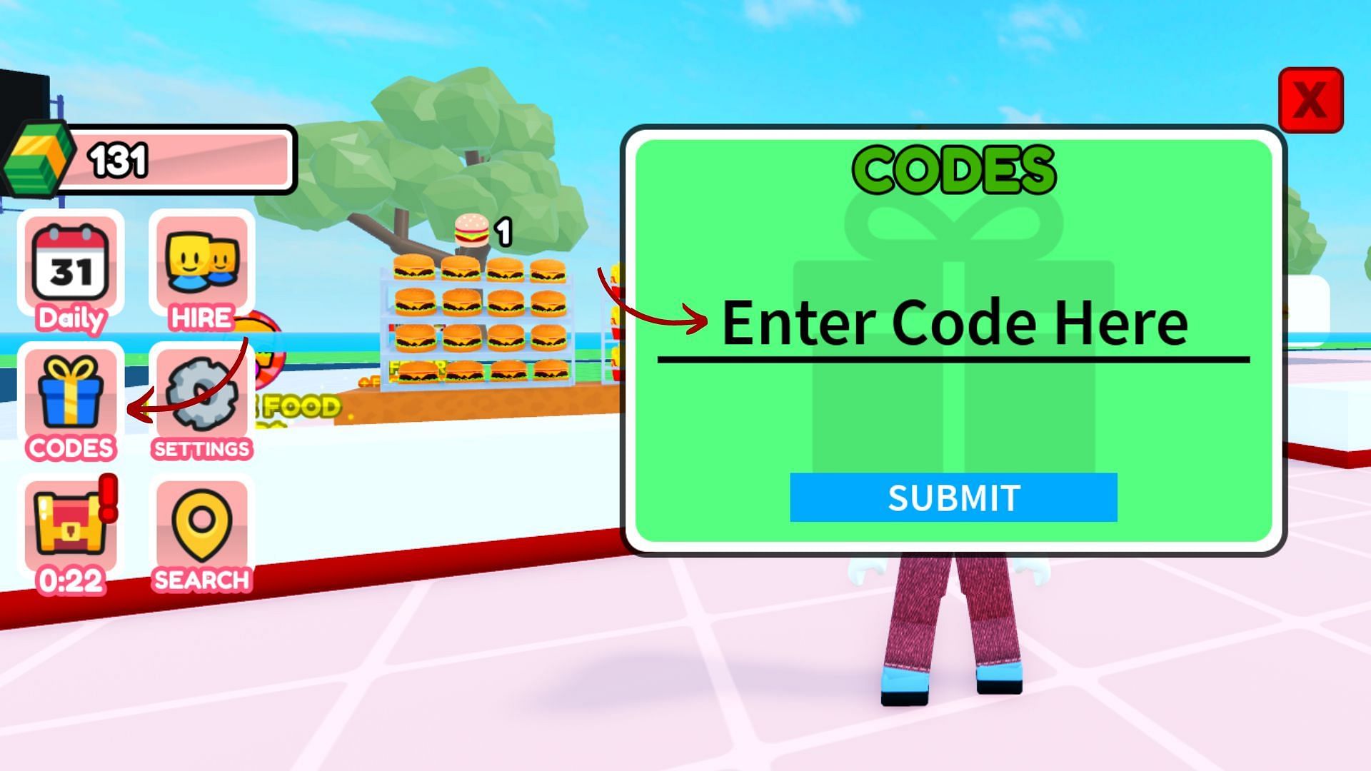 How to redeem codes for Burger Store Tycoon (Image via Roblox || Sportskeeda)