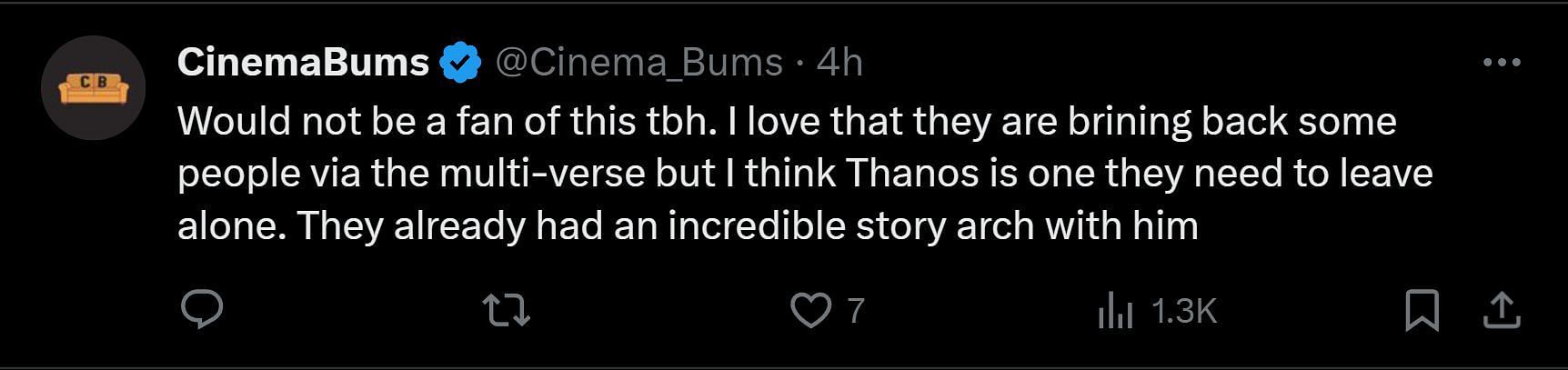 A tweet reply to DF&#039;s post about the return of Thanos (Image via X)